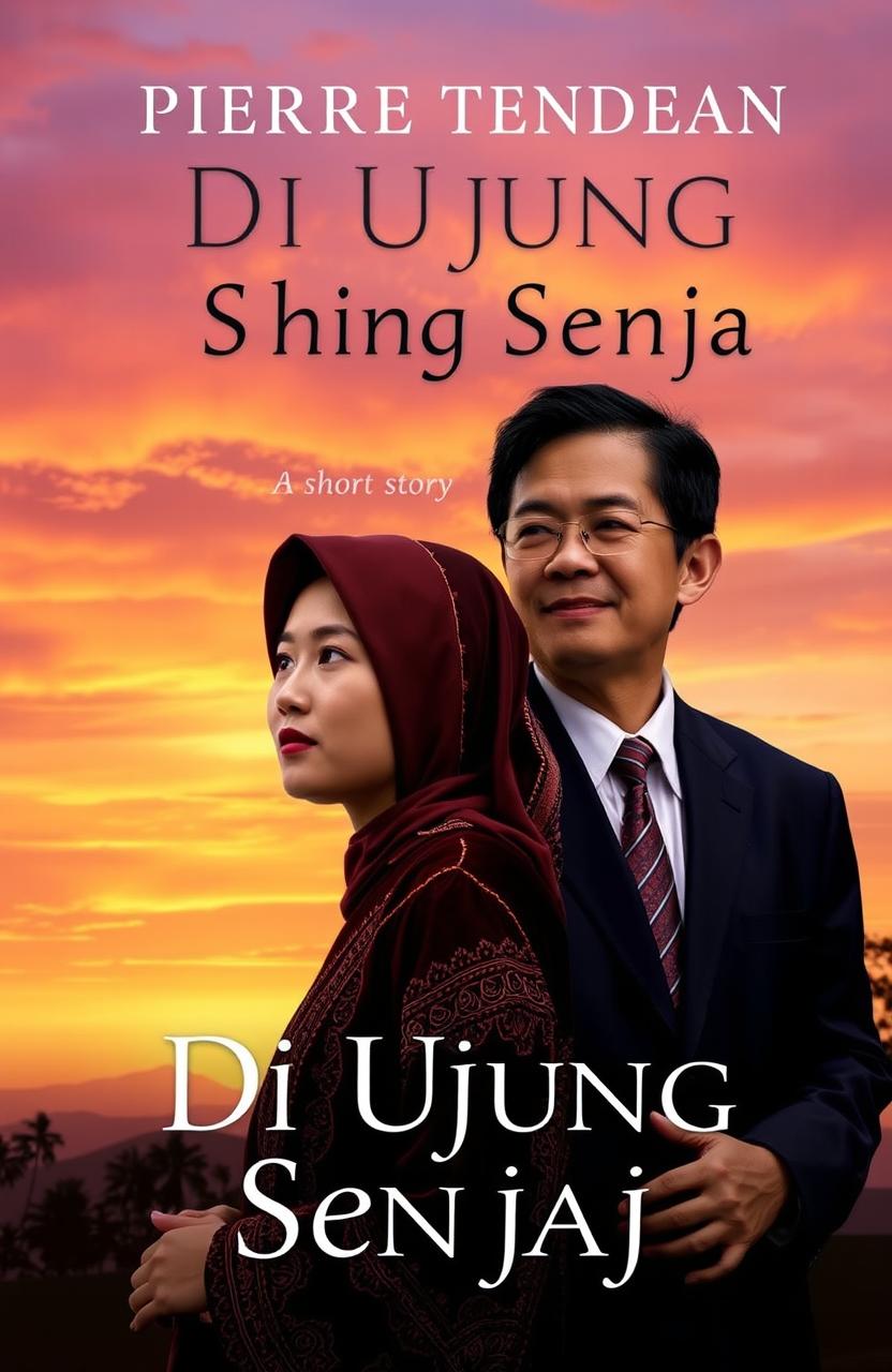 A captivating book cover design for a short story titled 'Di Ujung Senja' featuring a portrait of Pierre Tendean alongside a woman