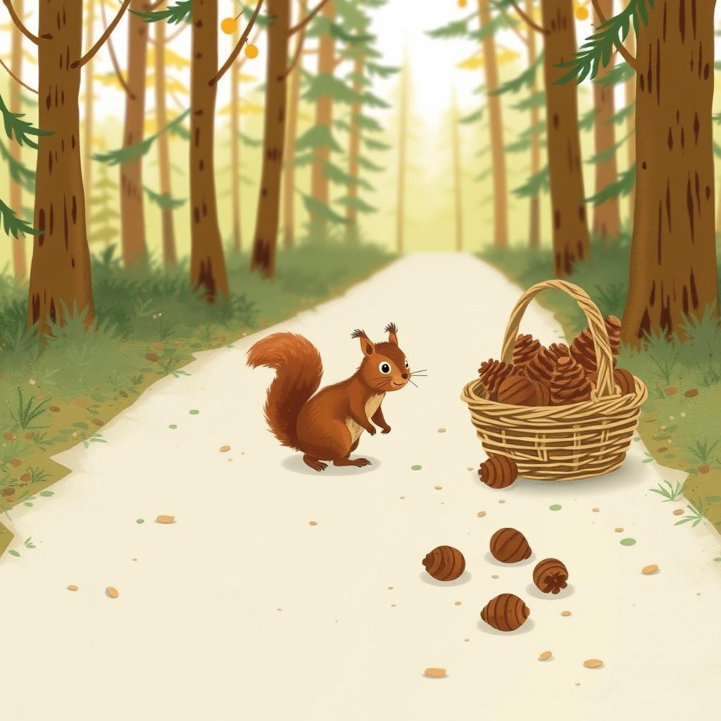 On a forest path, a cute brown squirrel stands in the middle of the road, looking curiously at its surroundings