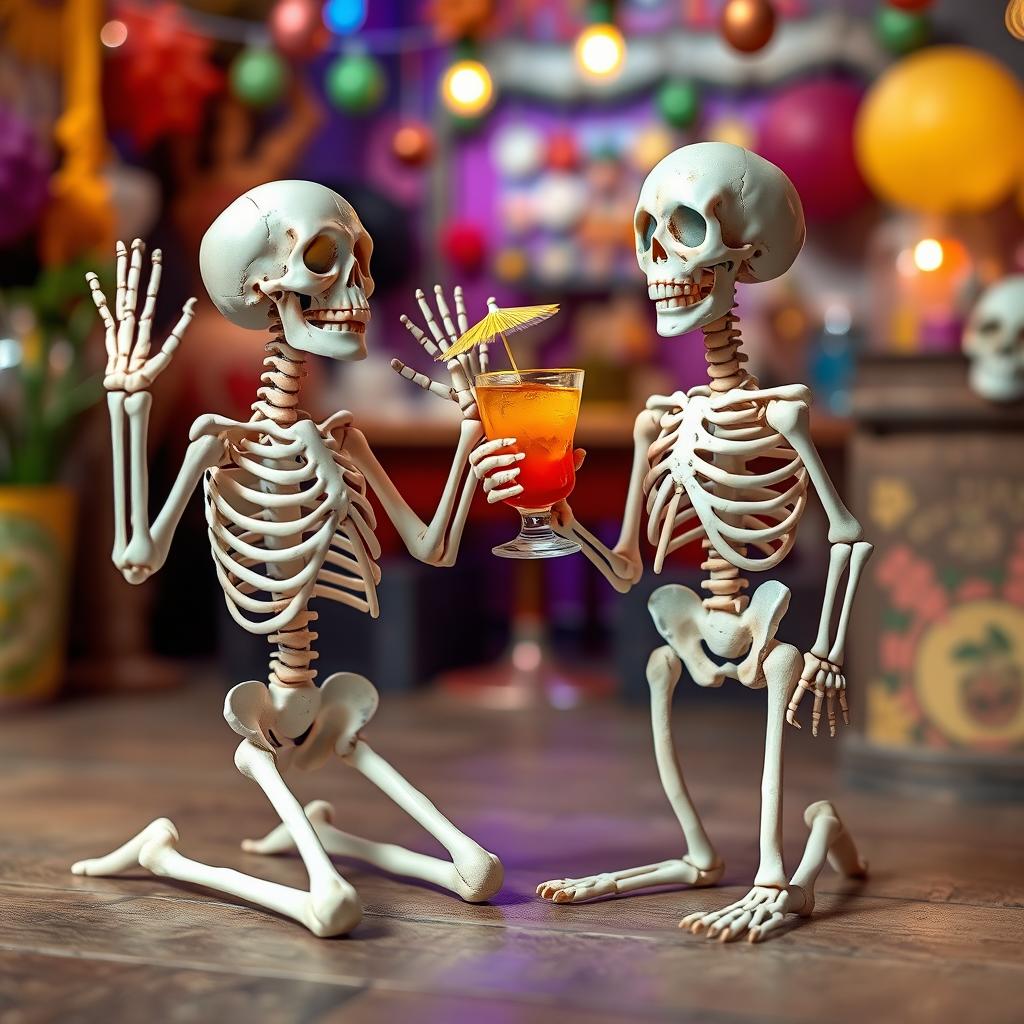 A whimsical scene featuring two skeletons in a playful context