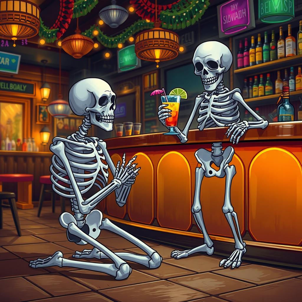 A humorous scene depicting two skeletons in a lively bar setting