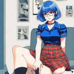 A girl styled in 90s anime fashion, sporting glasses, blue short hair, dark blue eyes, and donned in a vintage mini dress.