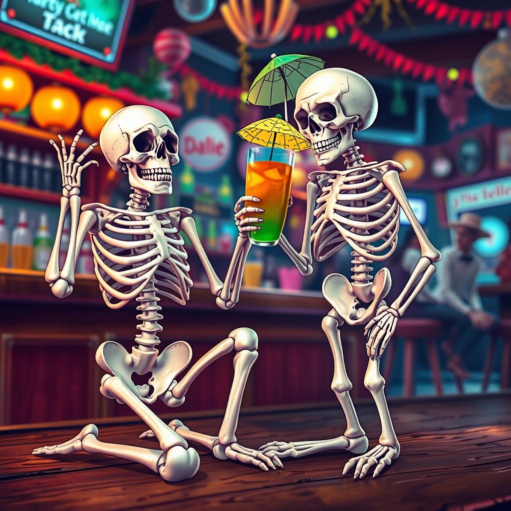 A playful and humorous scene featuring two skeletons