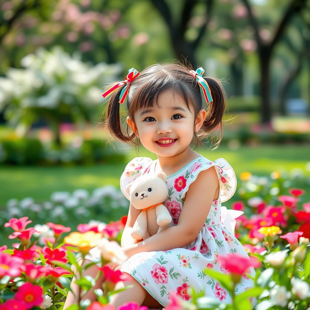 A cute young Chinese girl with a bright smile, wearing a fashionable summer dress adorned with floral patterns, seated in a vibrant park filled with blooming flowers and greenery