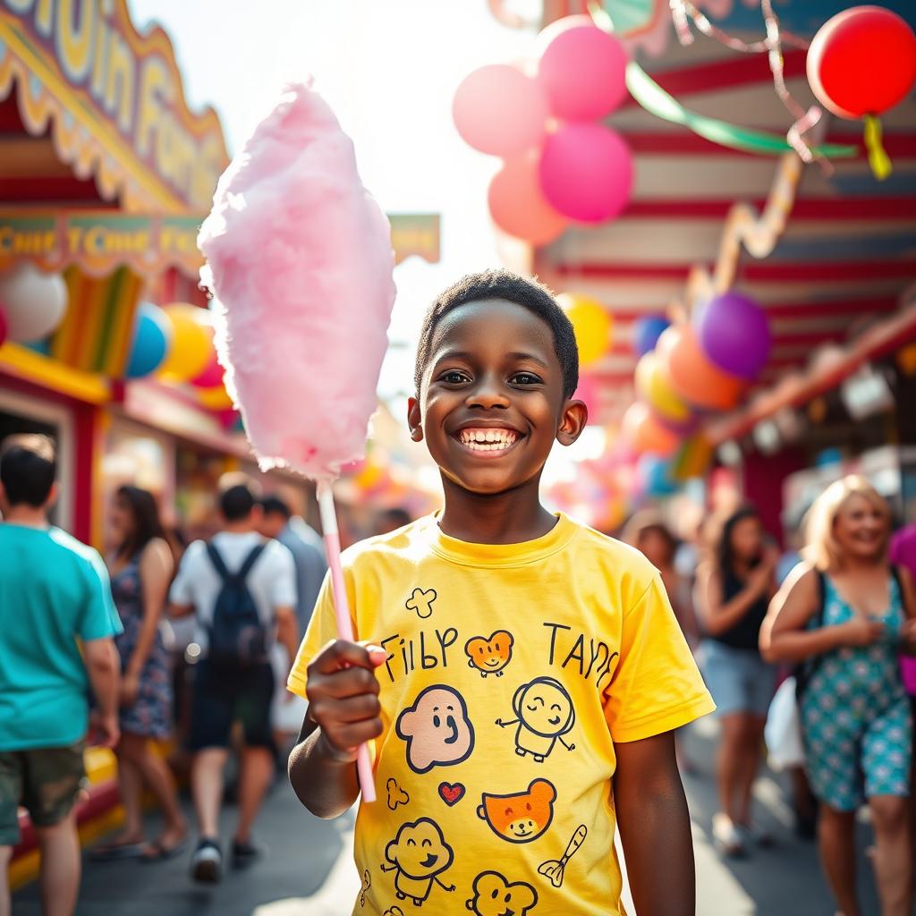A joyful black boy enjoying a vibrant carnival, surrounded by colorful stalls and festive decorations