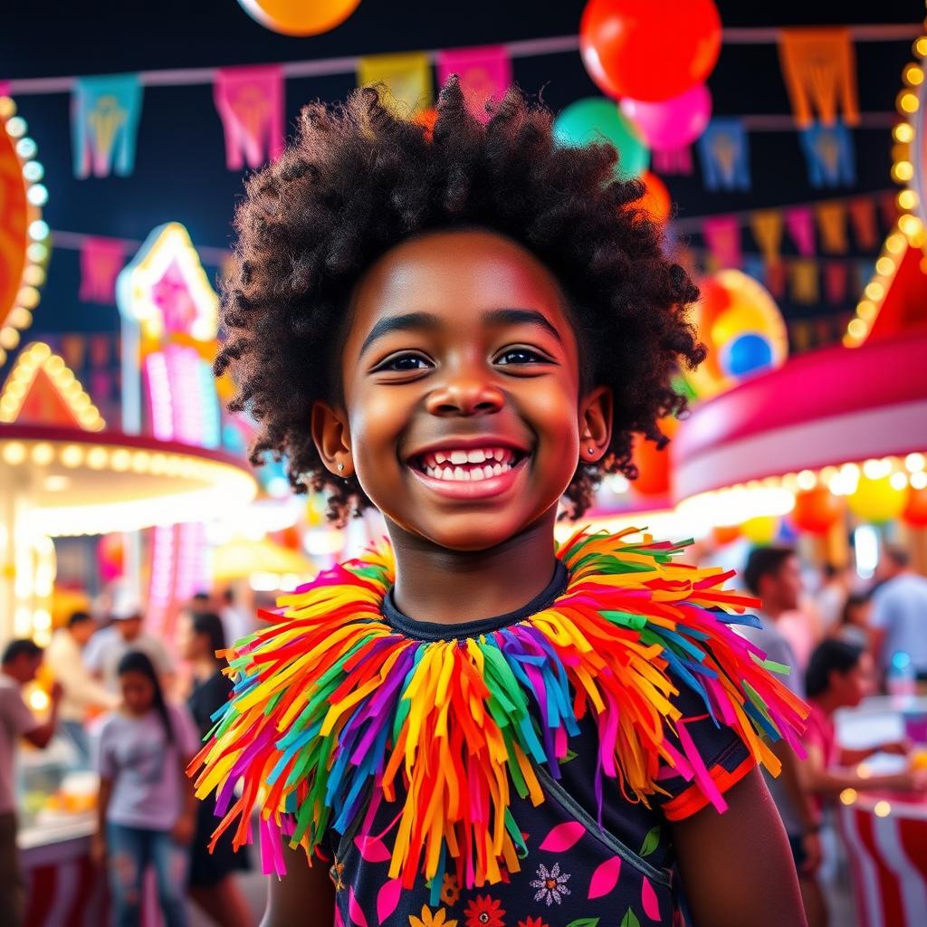 A joyful black boy with curly hair, wearing a colorful carnival outfit, surrounded by vibrant carnival decorations, balloons, and lights