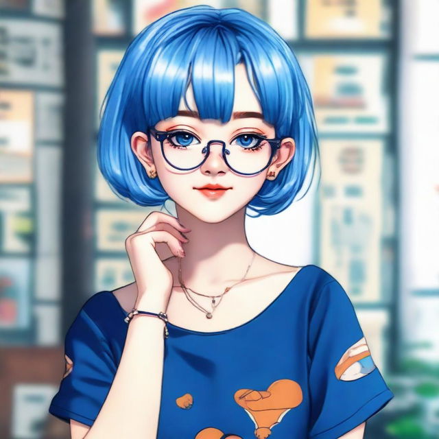 A girl styled in 90s anime fashion, sporting glasses, blue short hair, dark blue eyes, and donned in a vintage mini dress.