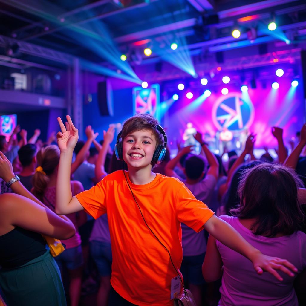 A scene at a lively concert, with vibrant lights and an energetic crowd