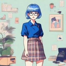 A girl styled in 90s anime fashion, sporting glasses, blue short hair, dark blue eyes, and donned in a vintage mini dress.