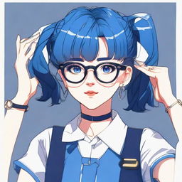 A girl styled in 90s anime fashion, sporting glasses, blue short hair, dark blue eyes, and donned in a vintage mini dress.