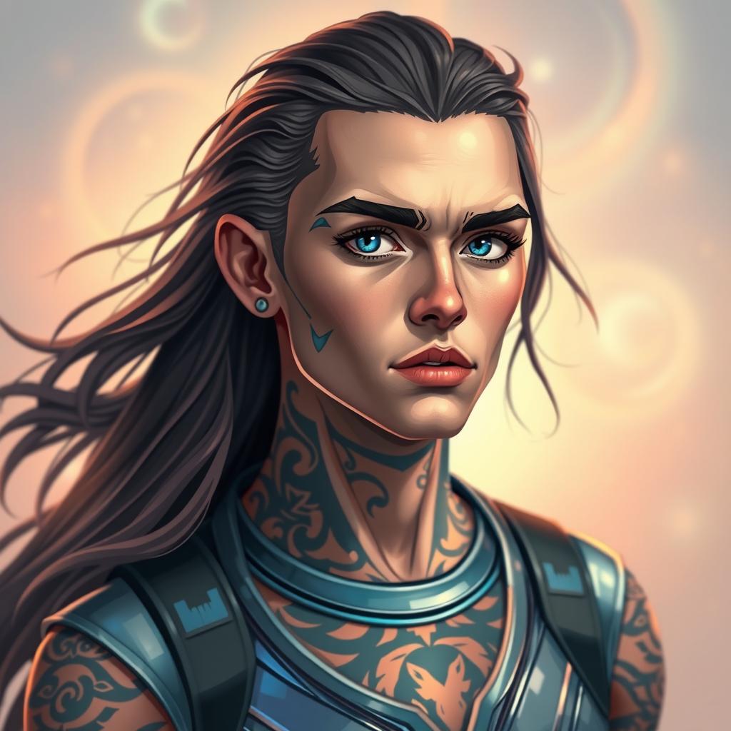 A stylized portrait of a human with striking features, showcasing long flowing hair, piercing blue eyes, and a confident expression