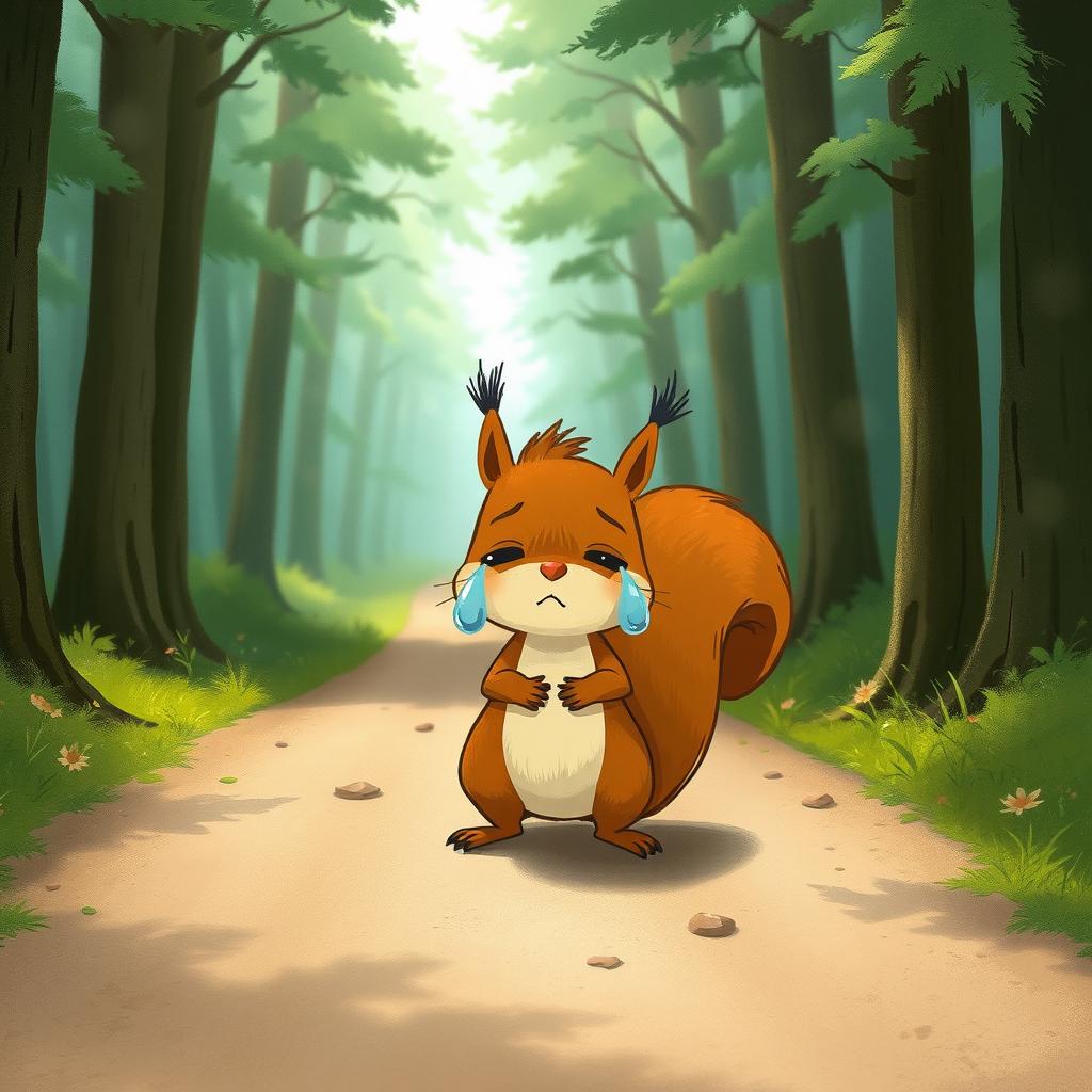 On a forest path, a brown squirrel stands in the middle of the road, crying with big teardrops glistening in the corners of its eyes