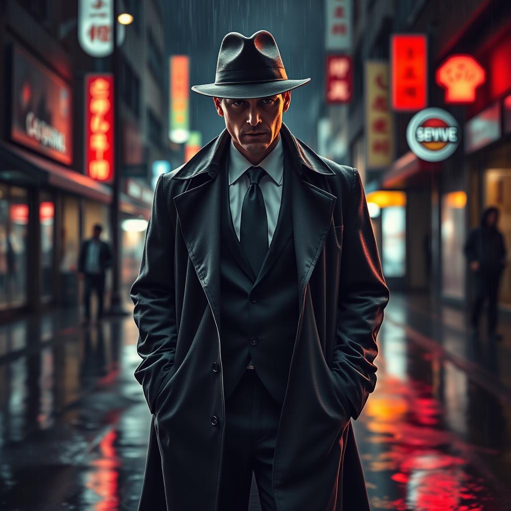 A suave yakuza gangster standing in the rain, wearing an elegant dark suit paired with a long trench coat