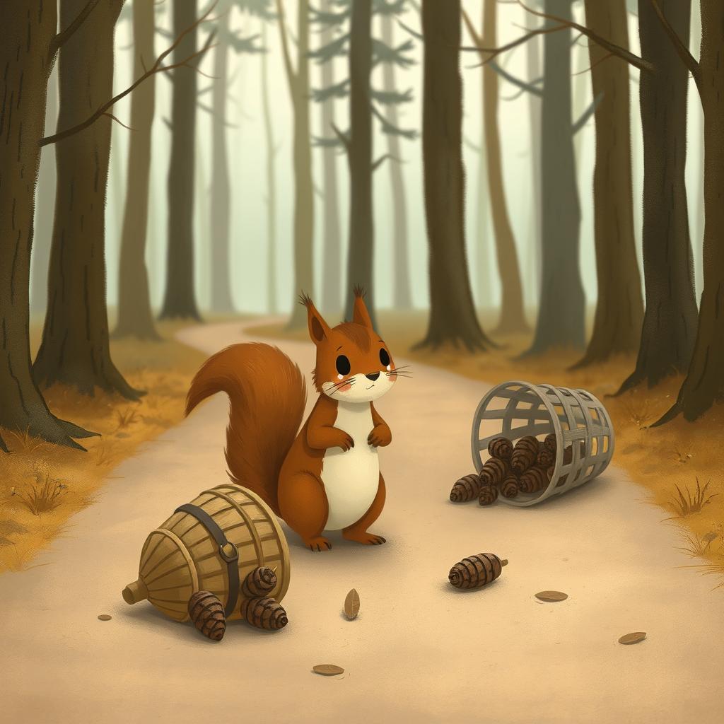 On a forest path, a brown squirrel stands in the middle of the road, crying with teardrops glistening in the corners of its eyes