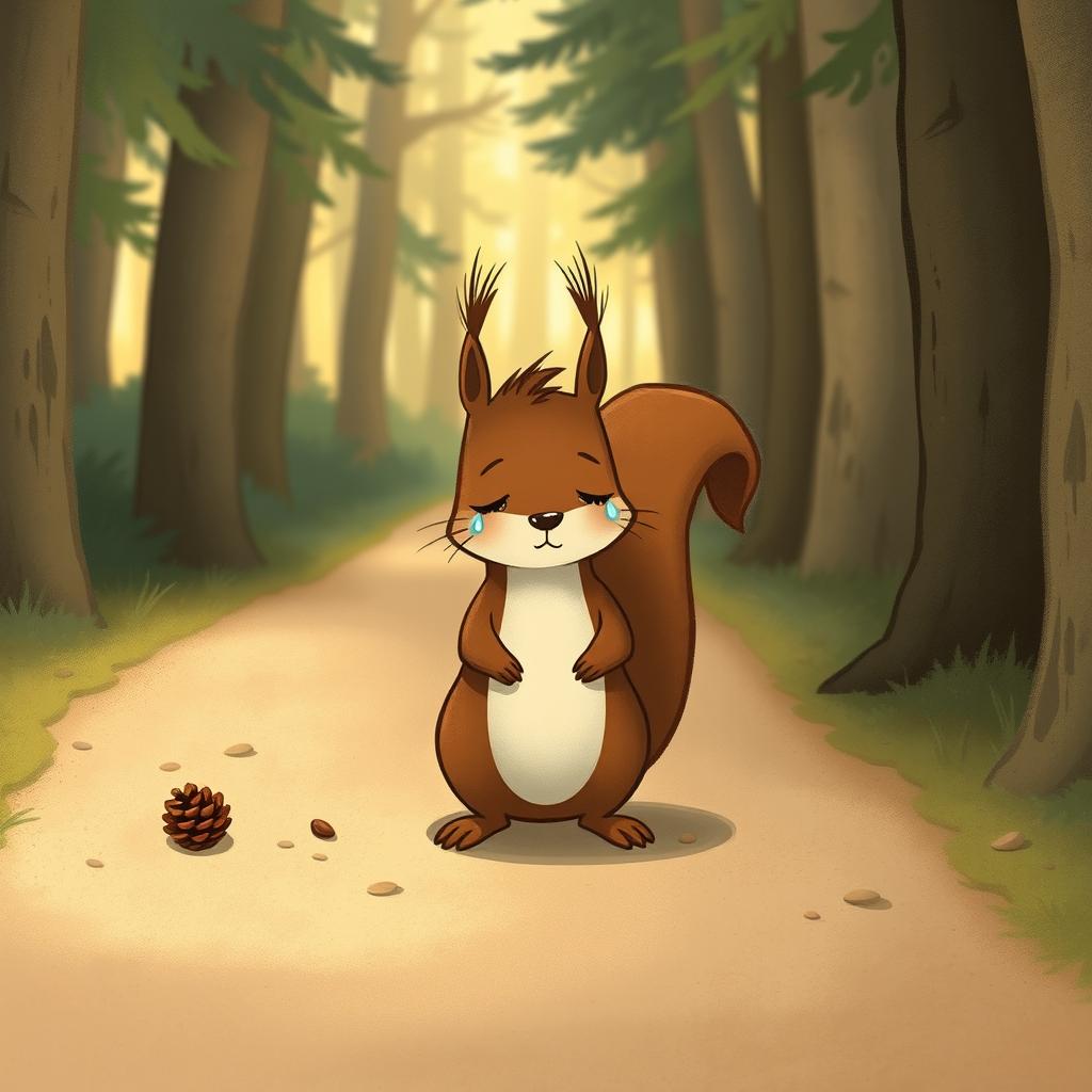 On a forest path, a brown squirrel stands in the middle of the road, crying with teardrops shimmering in the corners of its eyes
