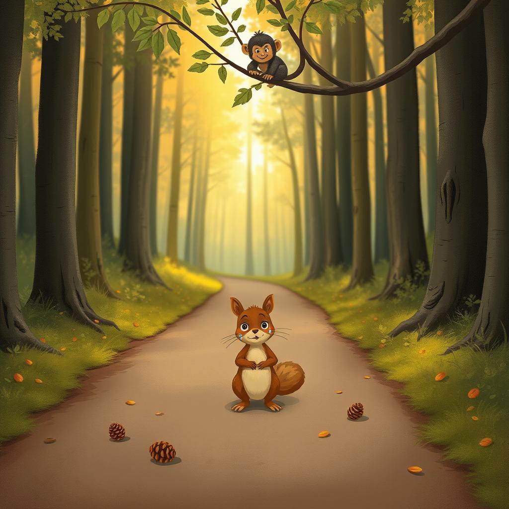 On a forest path, a brown squirrel stands in the middle of the road, crying with teardrops glistening in the corners of its eyes