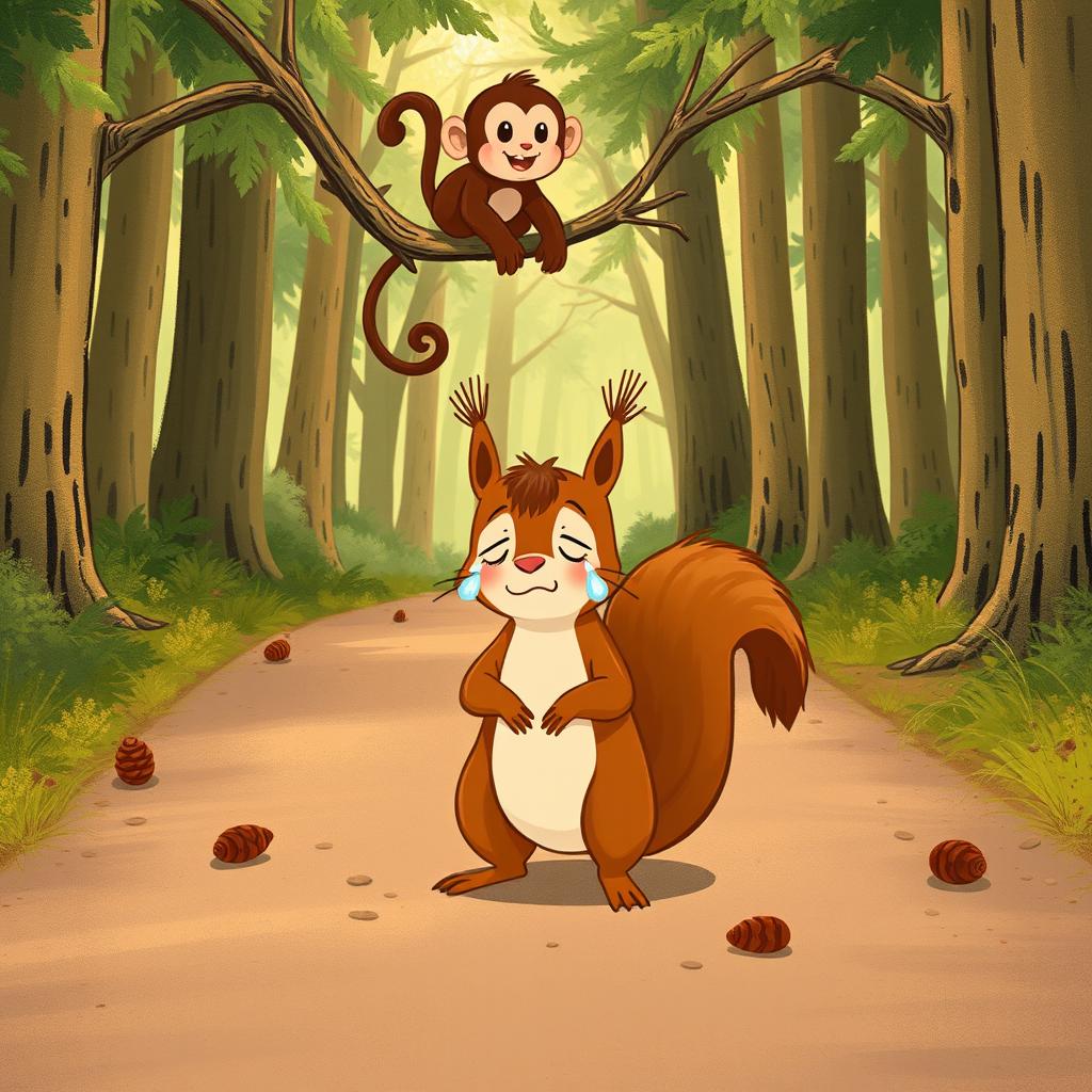 On a forest path, a brown squirrel stands in the middle of the road, crying with teardrops shimmering in the corners of its eyes