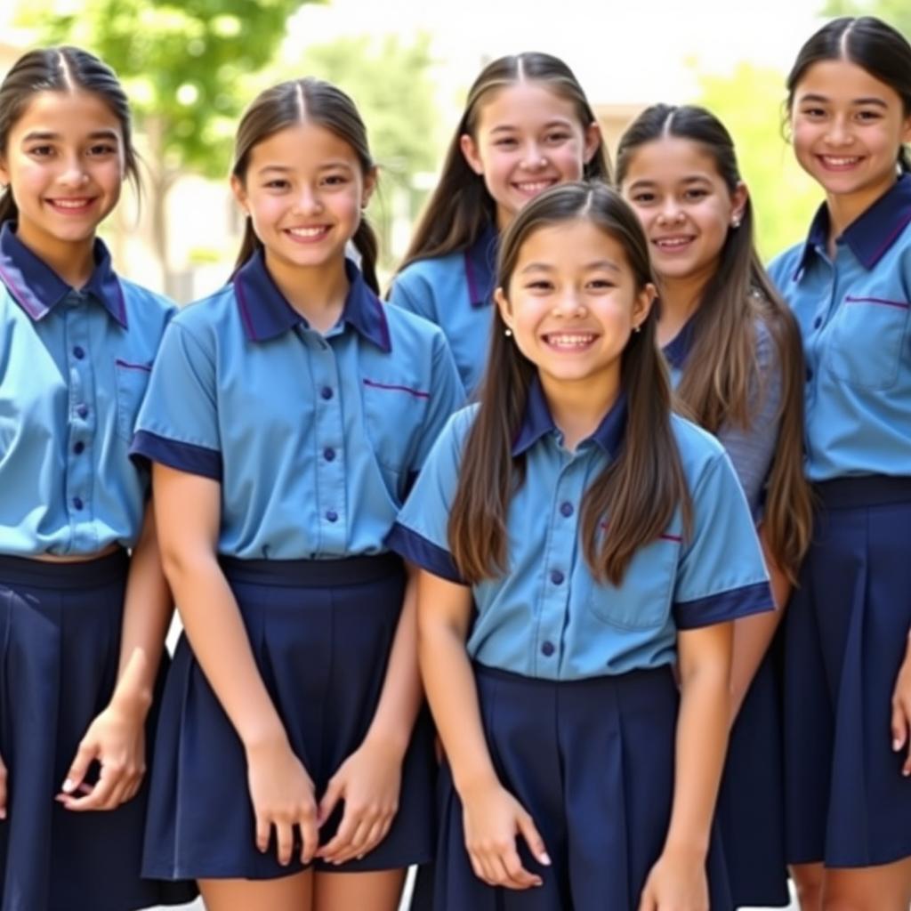 A group of school girls wearing stylish school uniform shirts