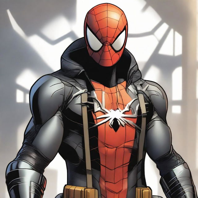 Young adult dressed in a black armored suit featuring a large silver spider emblem on the chest, evocative of Spider-Man. Wearing a red mask, all-black Spider-Man glasses, and a red hood with black interior.