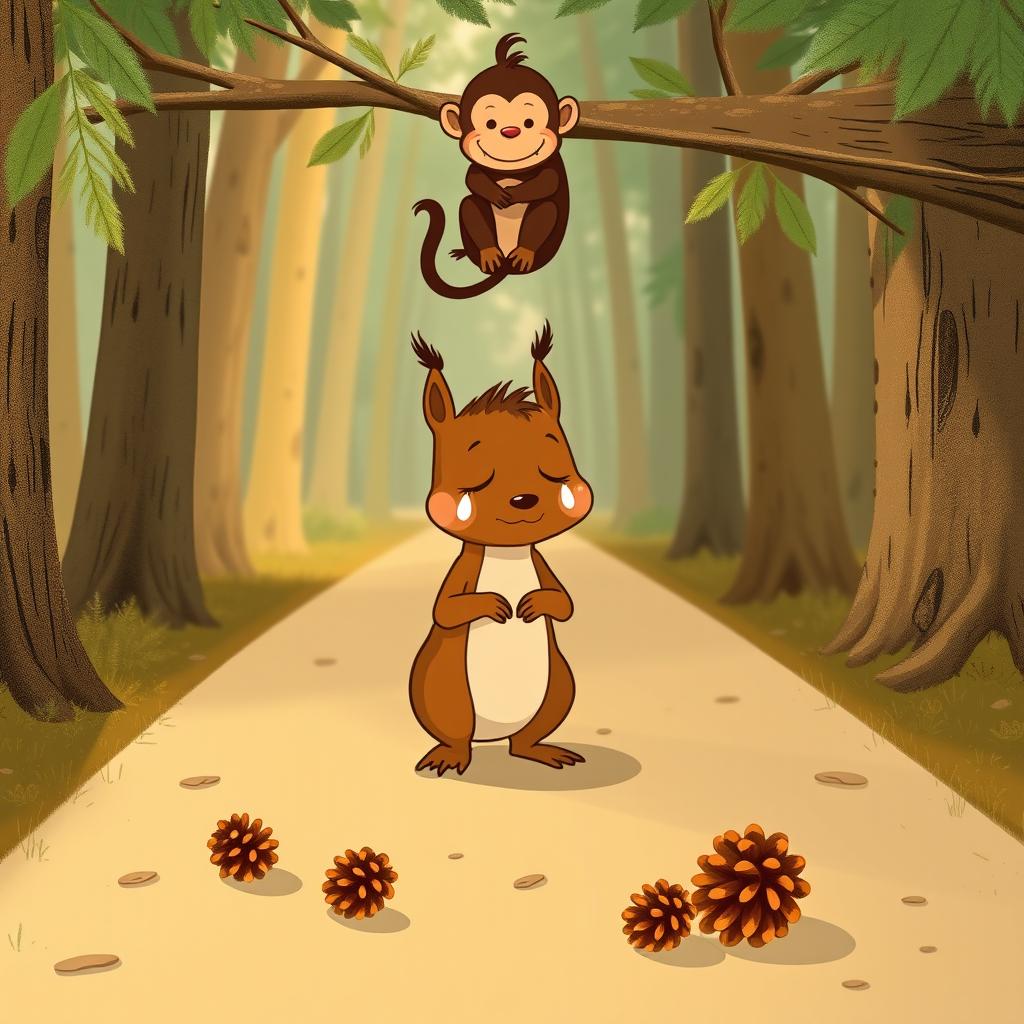 On a serene forest path, a brown squirrel stands in the middle of the road, crying with teardrops glistening in the corners of its eyes