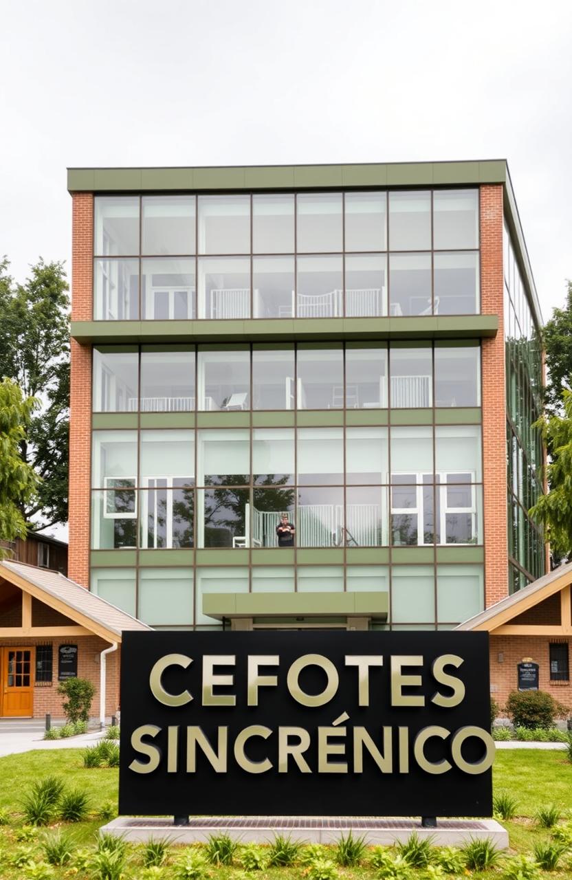 A realistic depiction of a three-story building, predominantly made of glass with more glass than brick, surrounded by small plants and trees