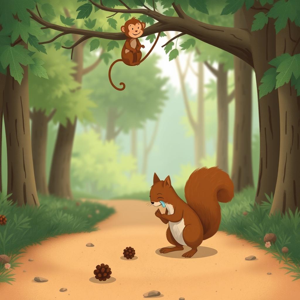 On a forest path, a brown squirrel stands sobbing in the middle of the road, tears glistening in its eyes as it gazes down at a few scattered pine cones on the ground