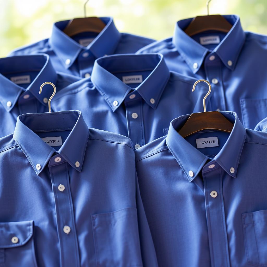 A collection of school uniform shirts designed for boys, featuring dark blue collars and sea blue bodies