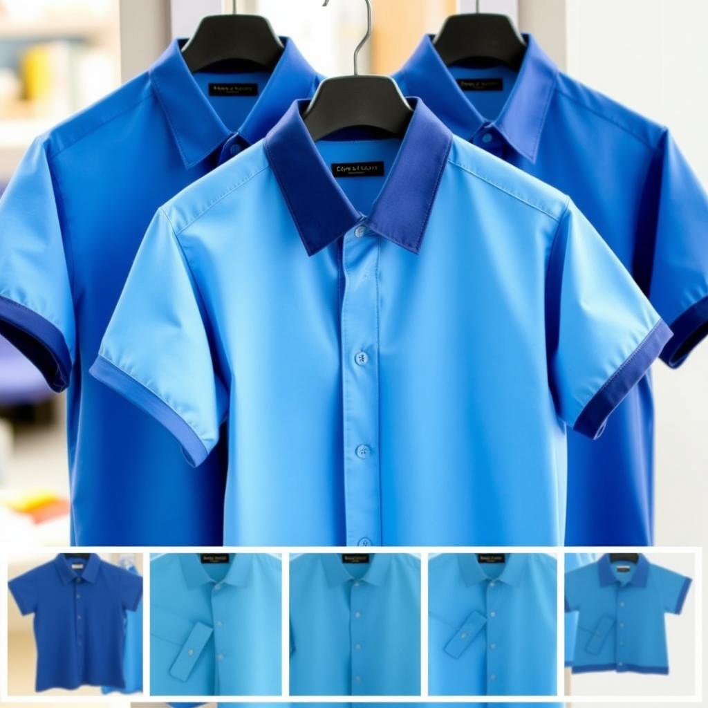 A collection of short-sleeved school uniform shirts for boys, featuring dark blue collars and sea blue bodies