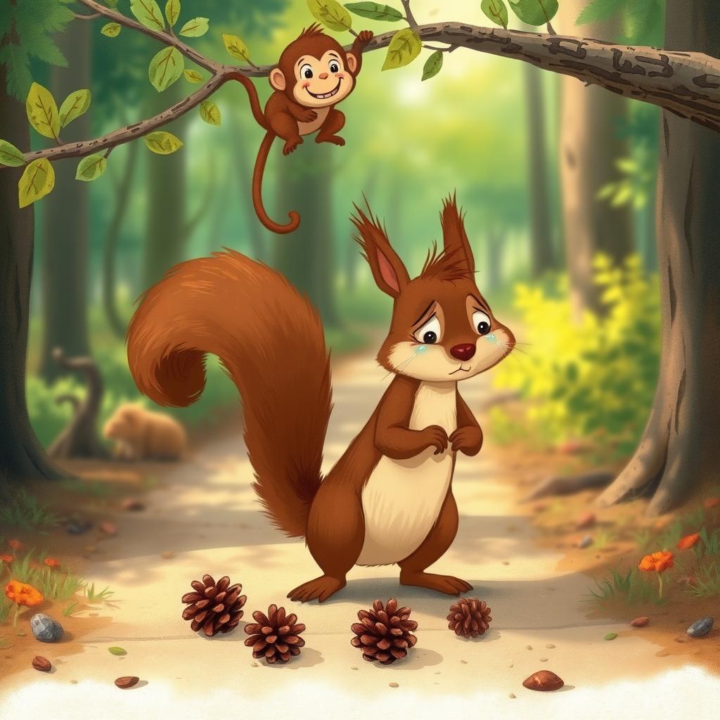 On a woodland path, a brown squirrel stands with tears glistening in its eyes as it cries