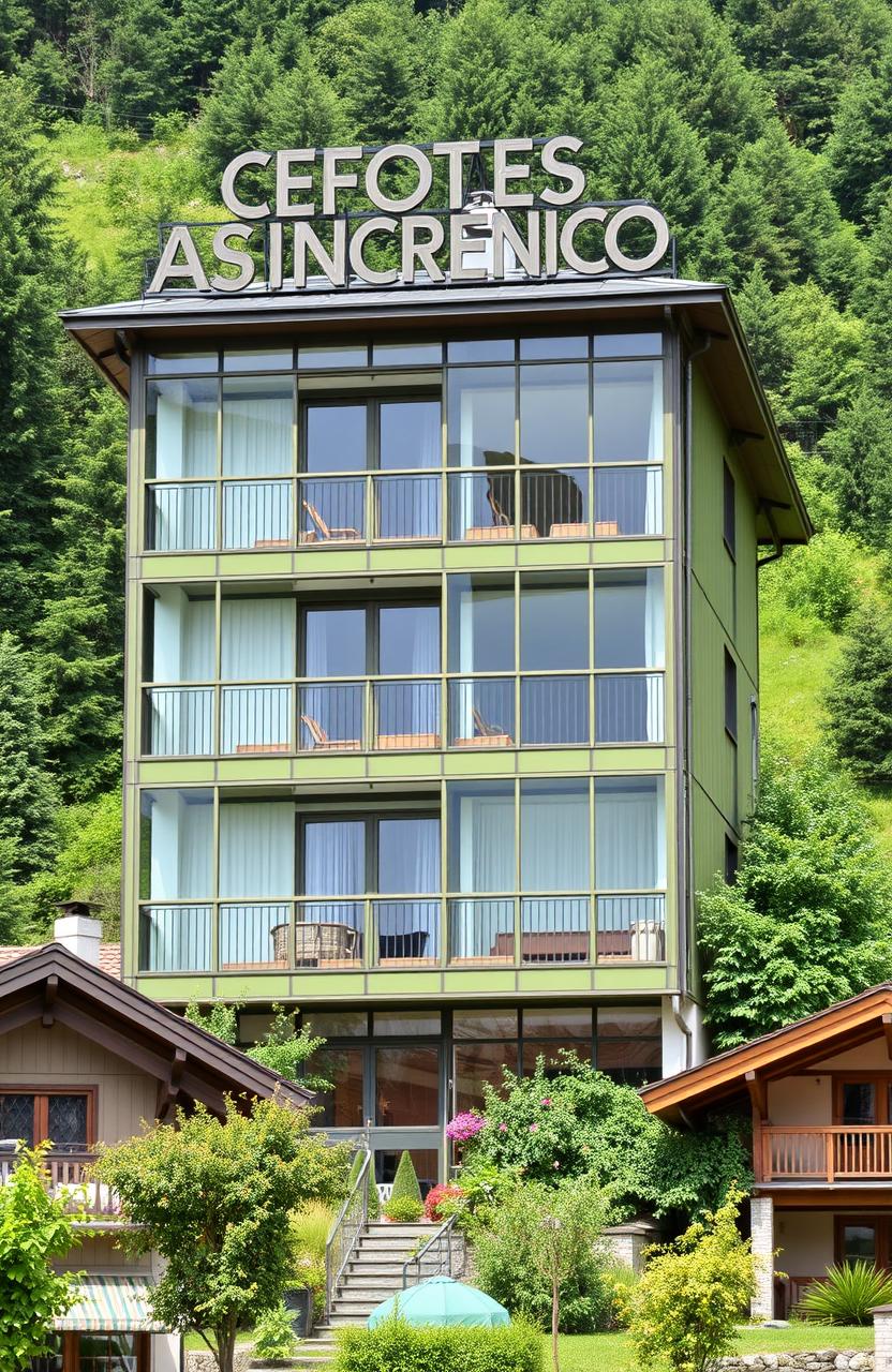 A four-story building predominantly made of glass with green olive and white paint, surrounded by lush plants