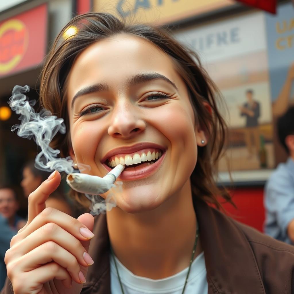 A person with a big smile, a cigarette playfully held in their mouth, exuding a carefree and joyful vibe