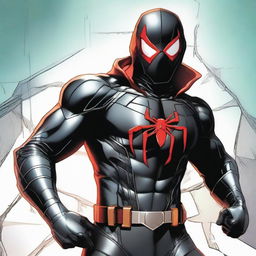 Young adult dressed in a black armored suit featuring a large silver spider emblem on the chest, evocative of Spider-Man. Wearing a red mask, all-black Spider-Man glasses, and a red hood with black interior.