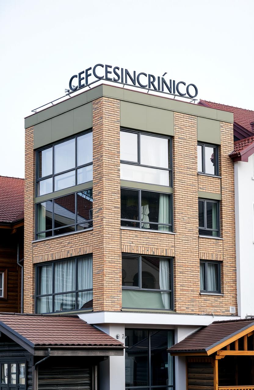 A four-story building with more glass than brick, painted olive green and white, featuring a large black metal sign on the roof that reads 'CEFOTES ASINCRÓNICO'