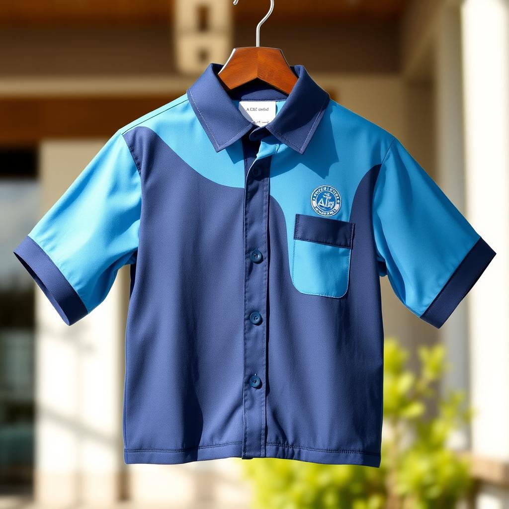 An eye-catching school uniform shirt designed for boys, featuring a creative design with a dark blue collar and a sea blue body