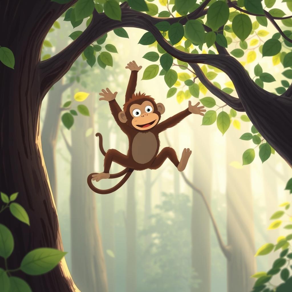 In a whimsical forest setting, a brown monkey is captured mid-fall from a tree, suspended in the air with a surprised expression on its face
