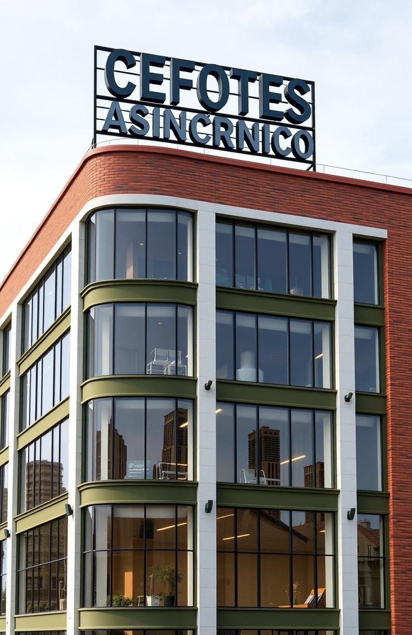 A realistic depiction of a four-story building featuring more glass than brick, predominantly painted in olive green with white accents
