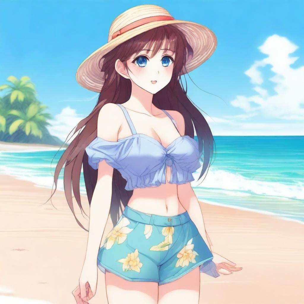 This is a high-quality digital art image of a 20-year-old anime girl at the beach