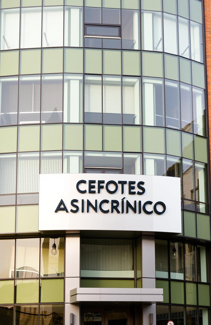 A four-story building primarily made of glass with olive green and white colors, featuring a large metallic sign in black placed centrally above the main entrance