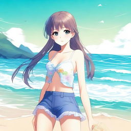 This is a high-quality digital art image of a 20-year-old anime girl at the beach