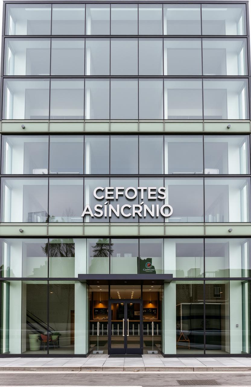 A realistic depiction of a four-story building predominantly made of glass with olive green and white paint