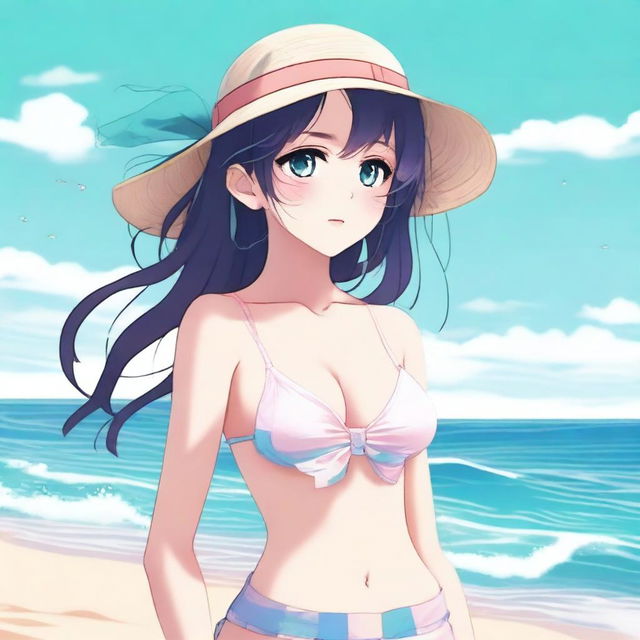 This is a high-quality digital art image of a 20-year-old anime girl at the beach