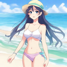 This is a high-quality digital art image of a 20-year-old anime girl at the beach