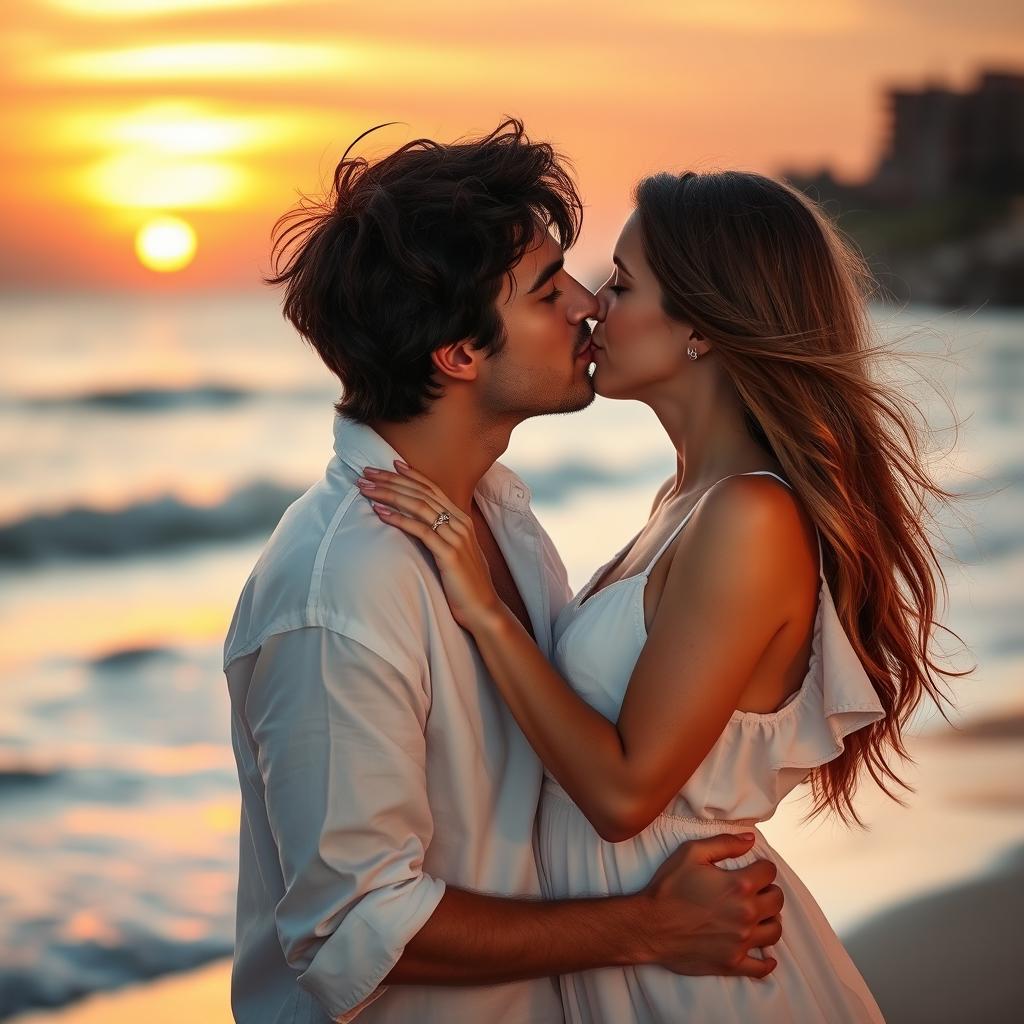 A romantic scene depicting a couple in an intimate kiss, set against a scenic backdrop of a sunset on a beach