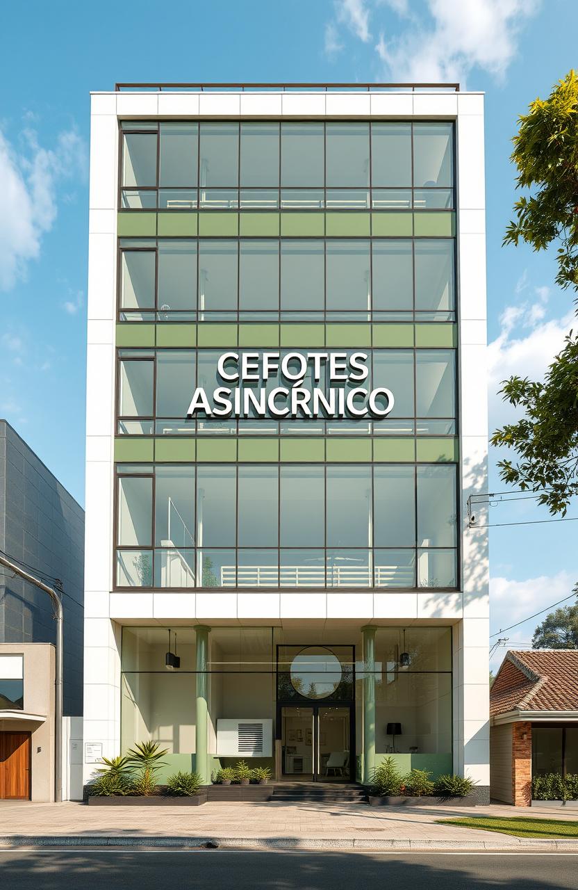 A realistic depiction of a four-story building primarily made of glass and painted in olive green with white accents