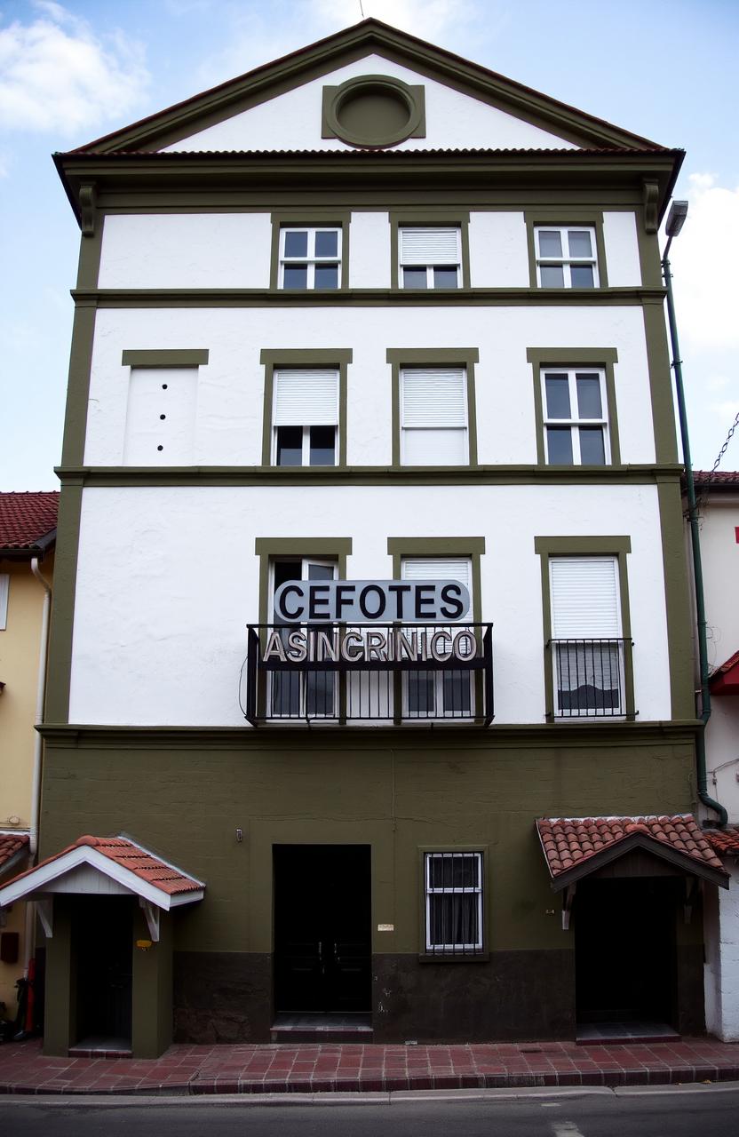 A realistic depiction of a four-story building painted in olive green and white