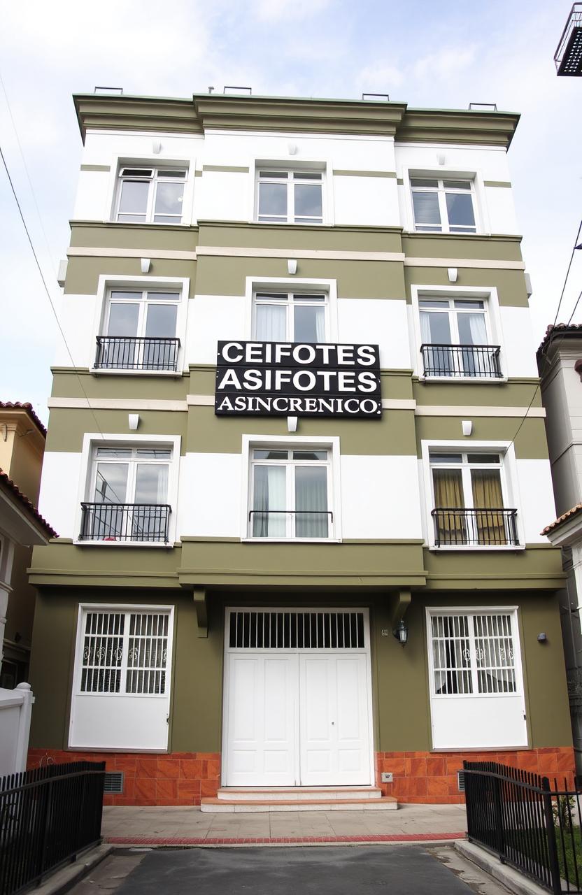 A modern four-story building painted in olive green and white, featuring a large black metal sign in the center above the main entrance that reads 'CEFOTES ASINCRÓNICO'