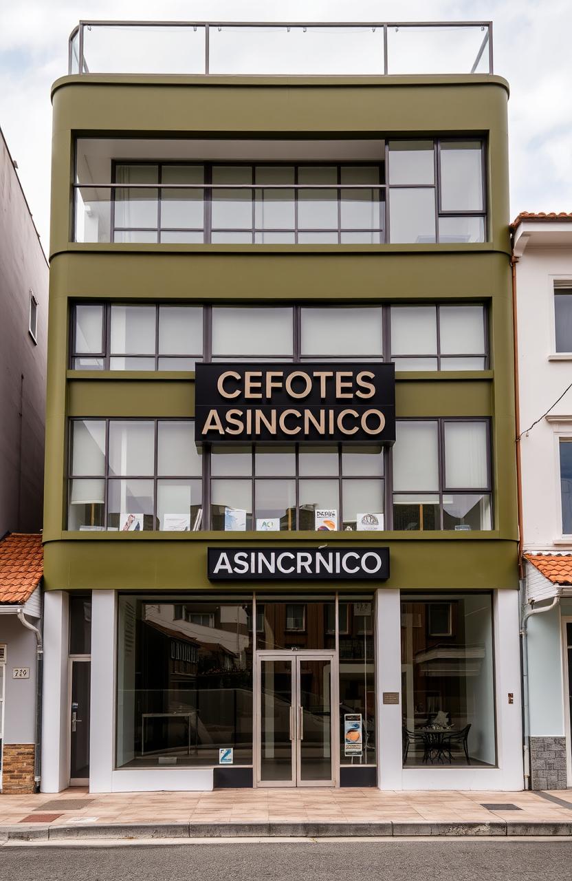 A modern four-story building painted in olive green and white, featuring a lot of glass in its structure