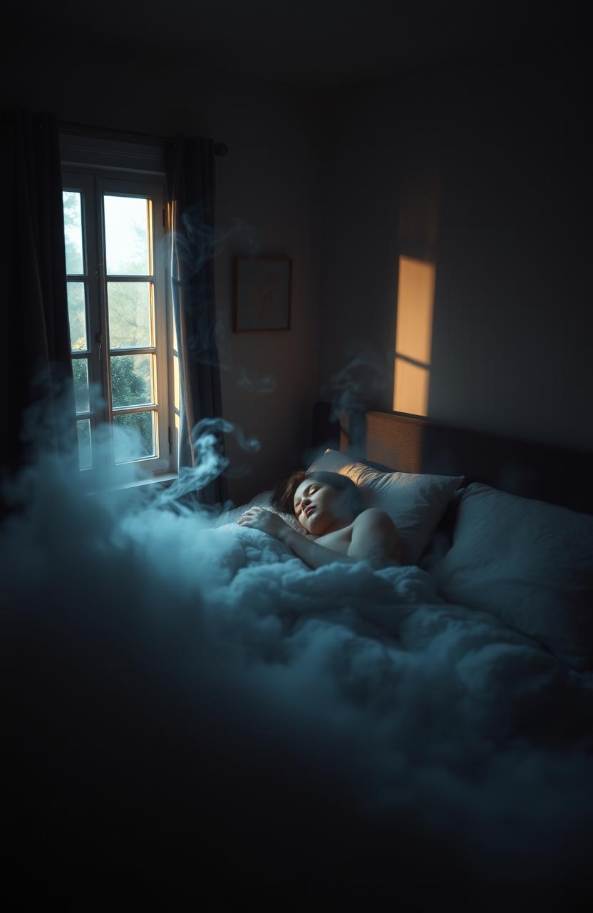 A serene bedroom scene featuring a person peacefully sleeping in a cozy bed surrounded by soft, swirly smoke drifting lazily through the air