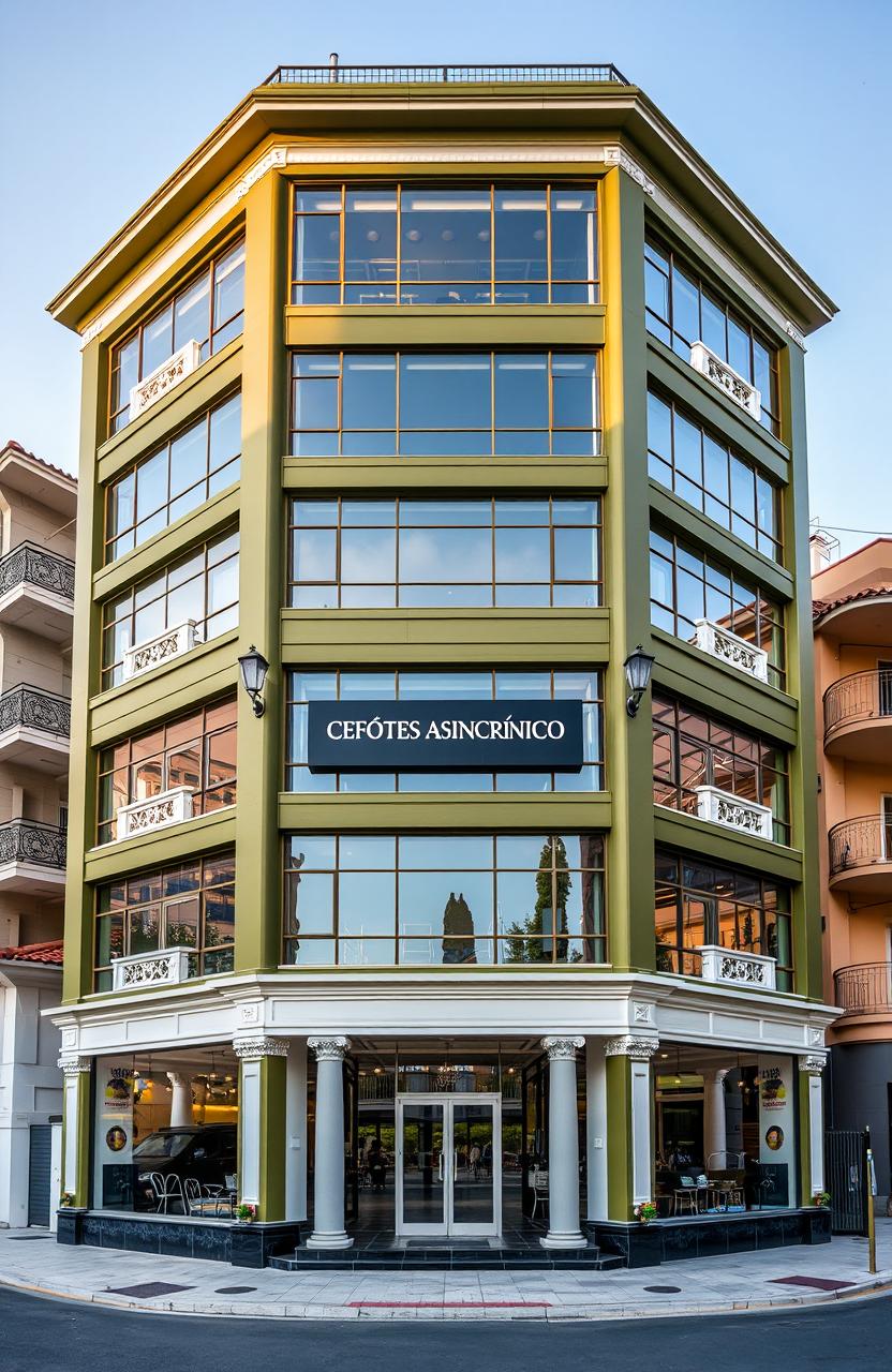 A modern four-story building painted in olive green with white details and an abundance of glass in its structure