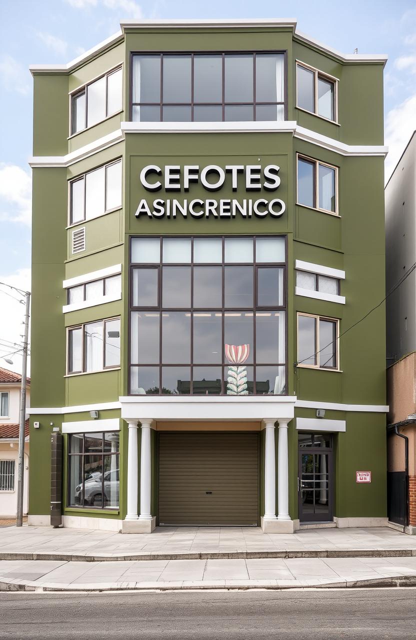 A modern 4-story building painted in olive green with white detailing, featuring a large amount of glass in its structure