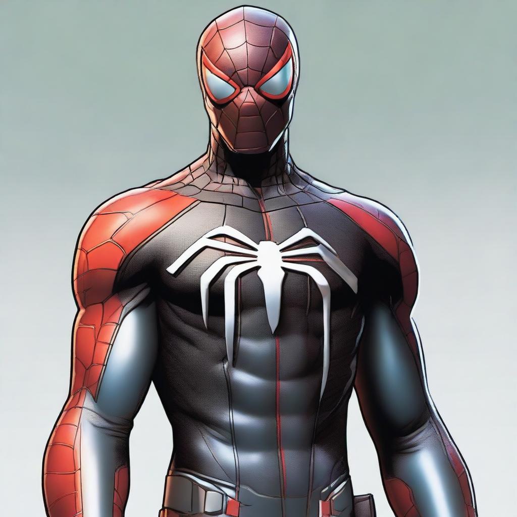 Young adult dressed in a black armored suit featuring a large silver spider emblem on the chest, evocative of Spider-Man. Wearing a red mask, all-black Spider-Man glasses, and a red hood with black interior.